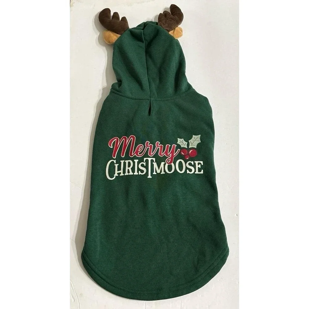 Dog Green Merry Christmoose Dog Hoodie with Antlers (Sm/Md)